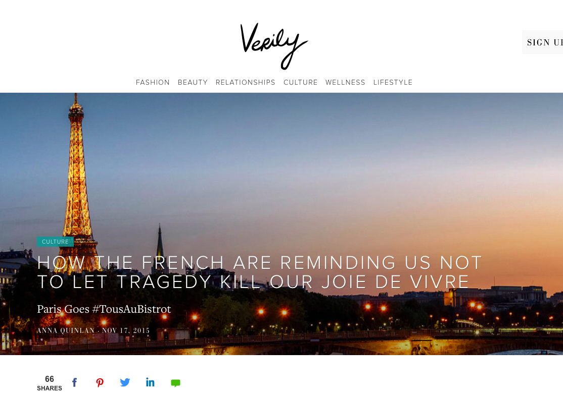 How The French Are Reminding Us Not To Let Tragedy Kill Our Joie De Vivre - "It flies in the face of what many of us would expect following such a mass tragedy. We expect civic shutdown, life on hold, everything dulled under the weight of loss. Americans needed Mayor Rudy Giuliani to go on Saturday Night Live and give us permission to laugh again after the September 11 attacks." Verily, November 2015