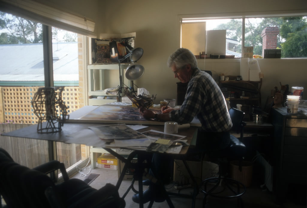 Mike working with a model for a battle painting (later destroyed).jpg