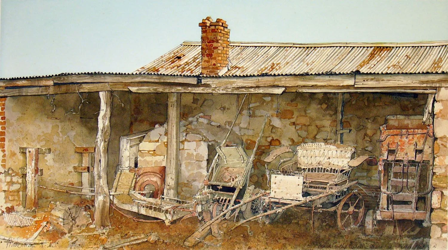 "BlacksmithsGhosts" 1978:pen & watercolour. 33x61cms