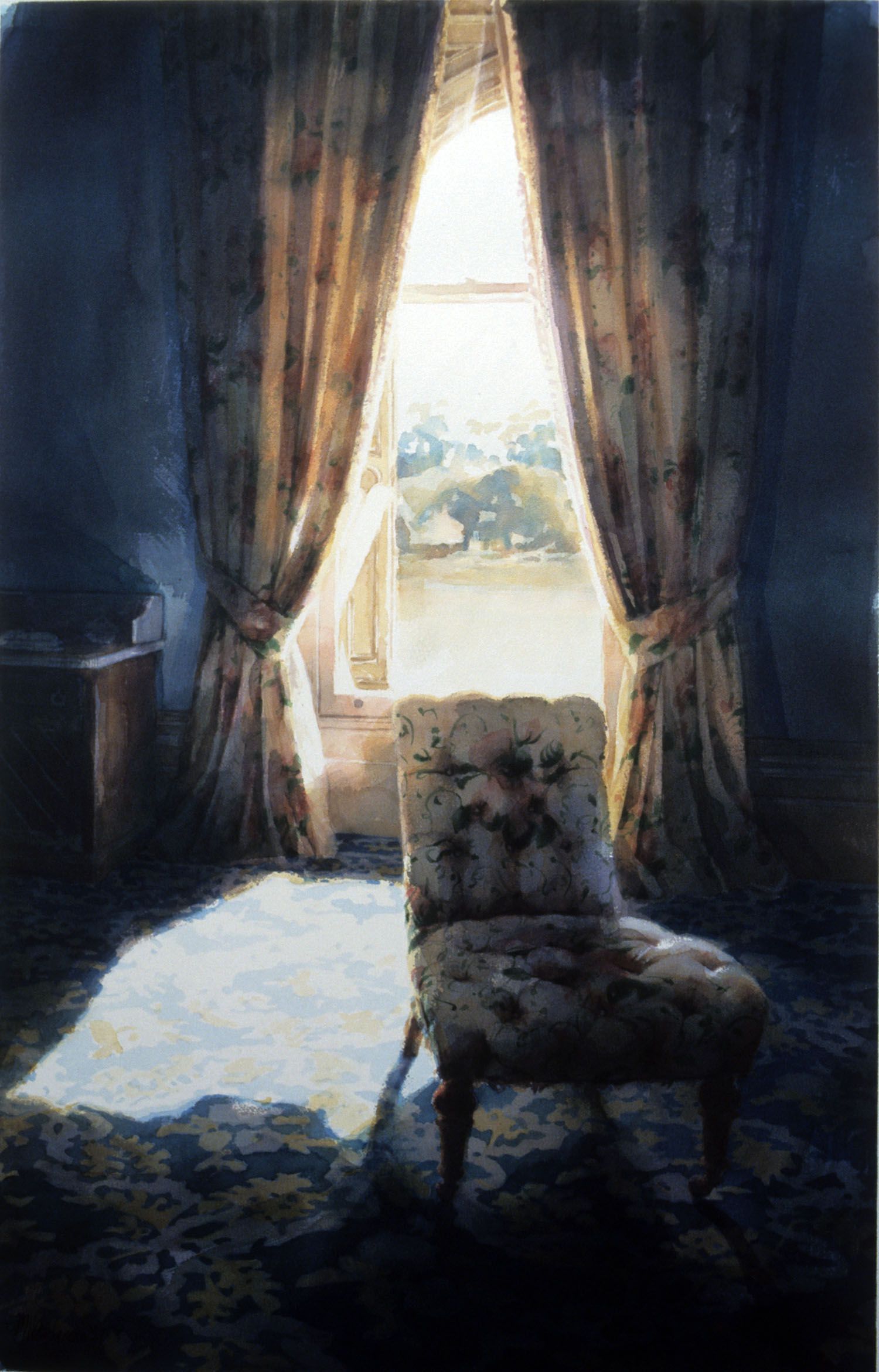 "Downstairs room with chair, Werribee Park" 1987, 98 x 60cm 