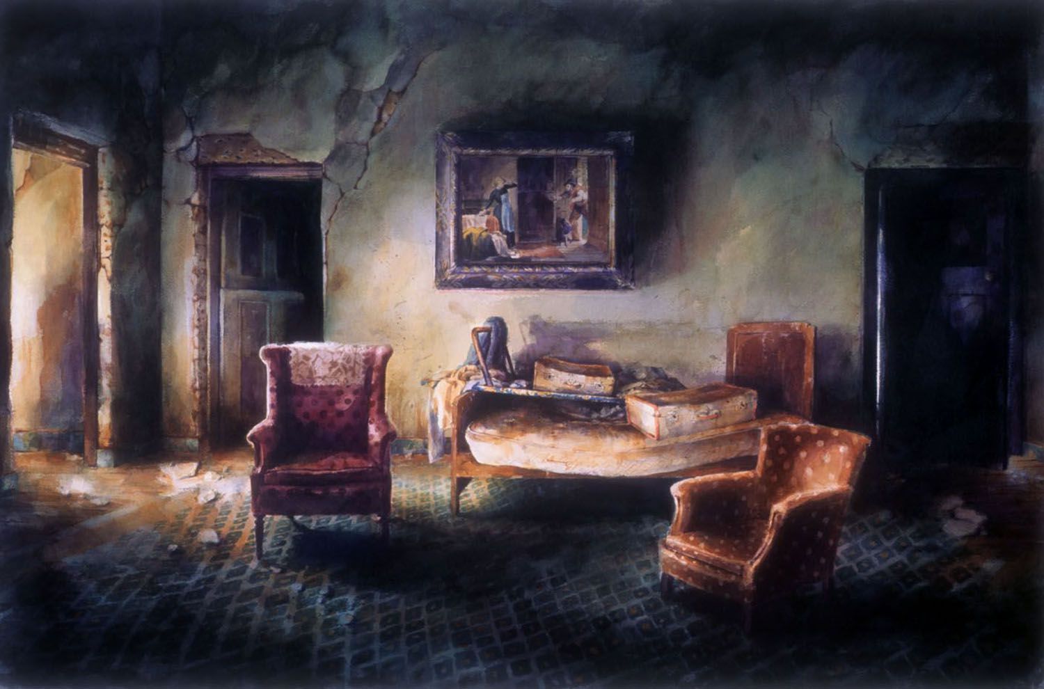 "Bed, painting, and two chairs with suitcases" 1992. Watercolour on 300gms Arches paper. 80 x 124cm