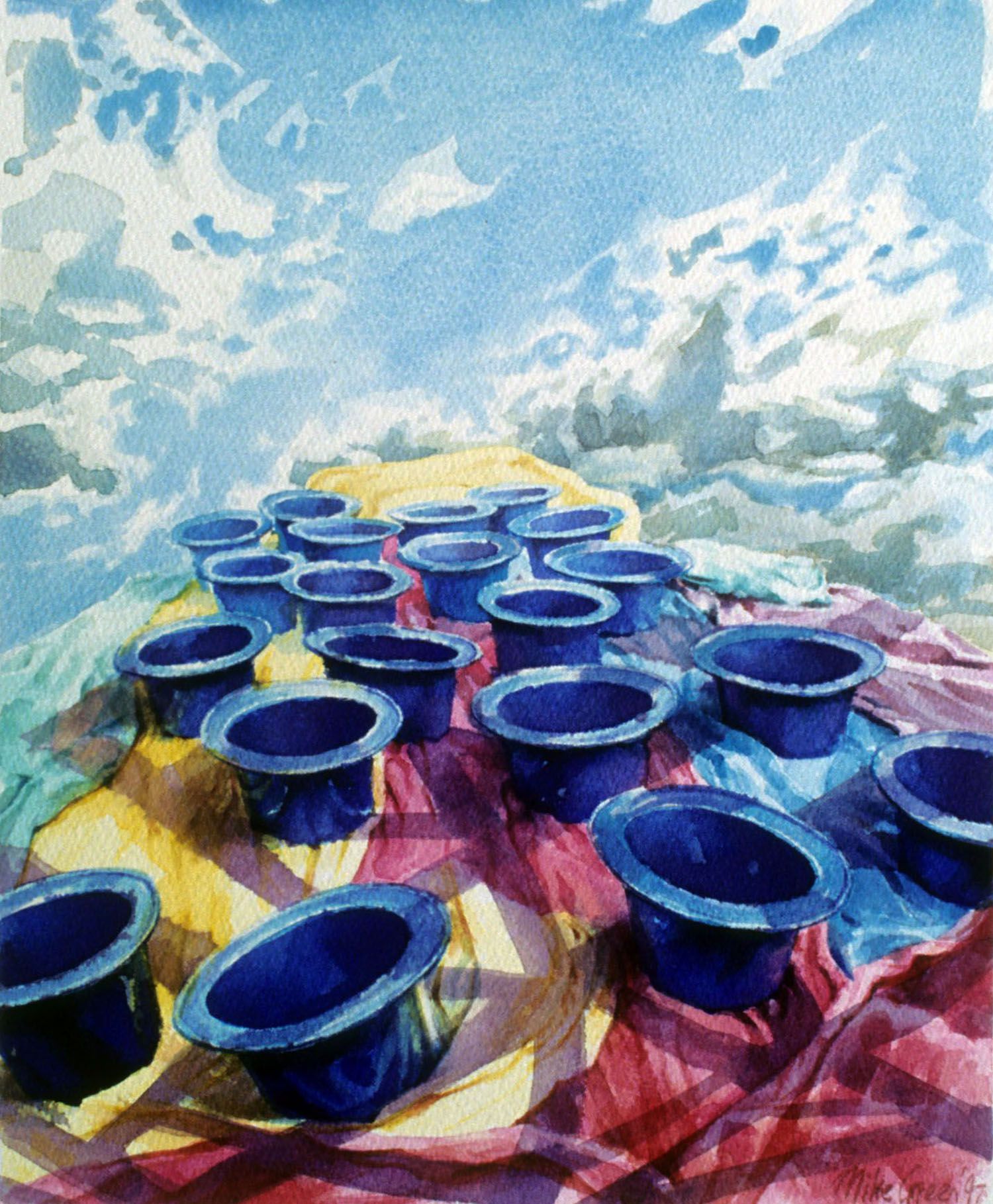 "Blue plastic hats from the sky" 1997. Watercolour on 300gms. Arches paper. 33.5 x 27cm