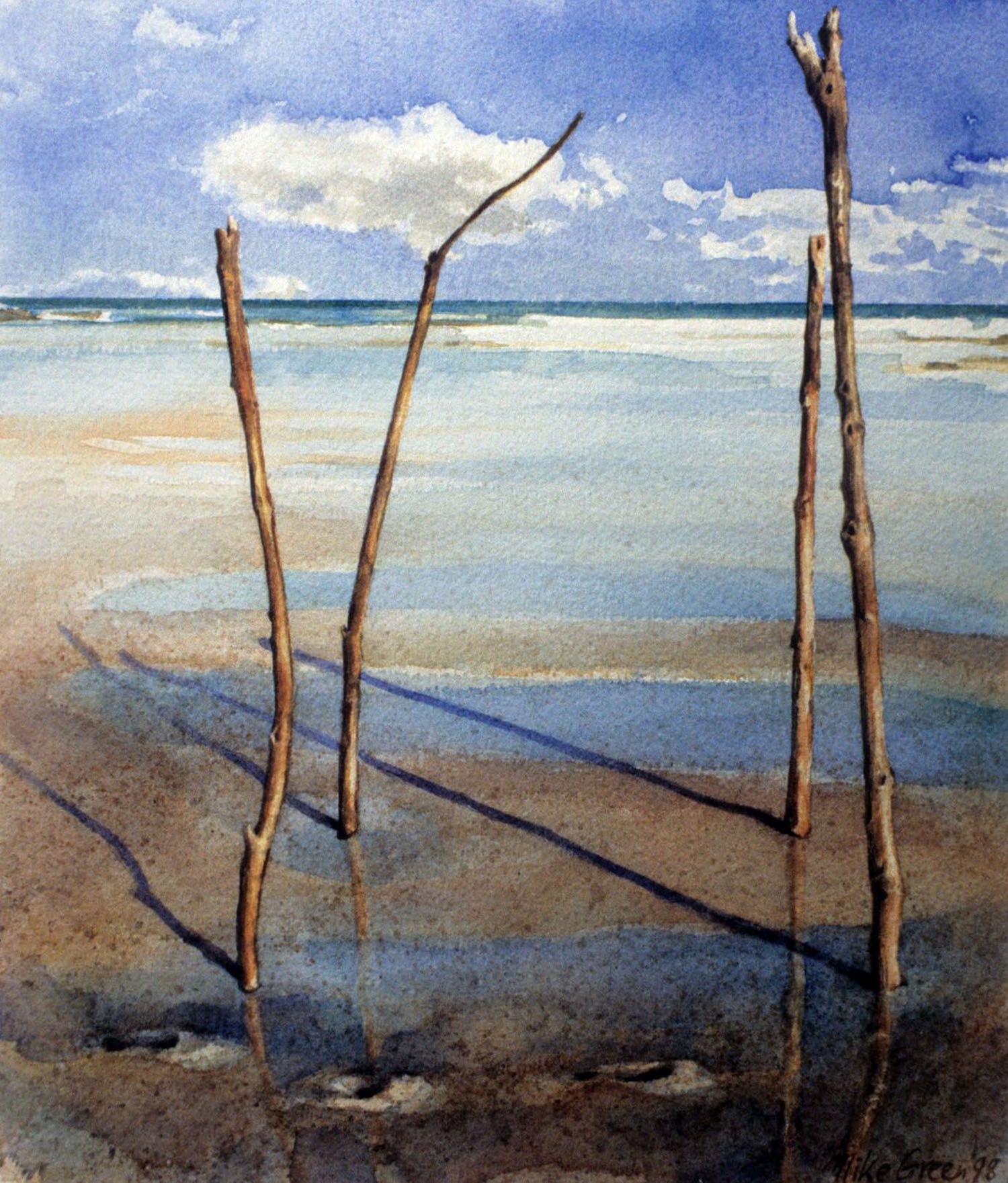 "The Claim" ( sticks with ocean view) 1997. Watercolour on 300gms Arches paper.33 x 27cm
