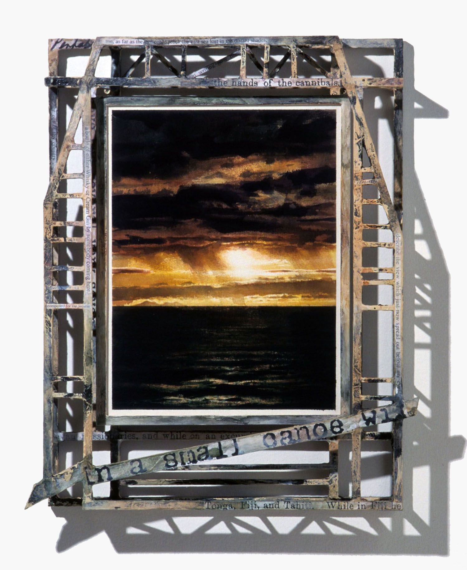 "Pacific" 2002. watercolour with framework of tissue wrapped pine & balsa with paint & collage. 60 x 49cm