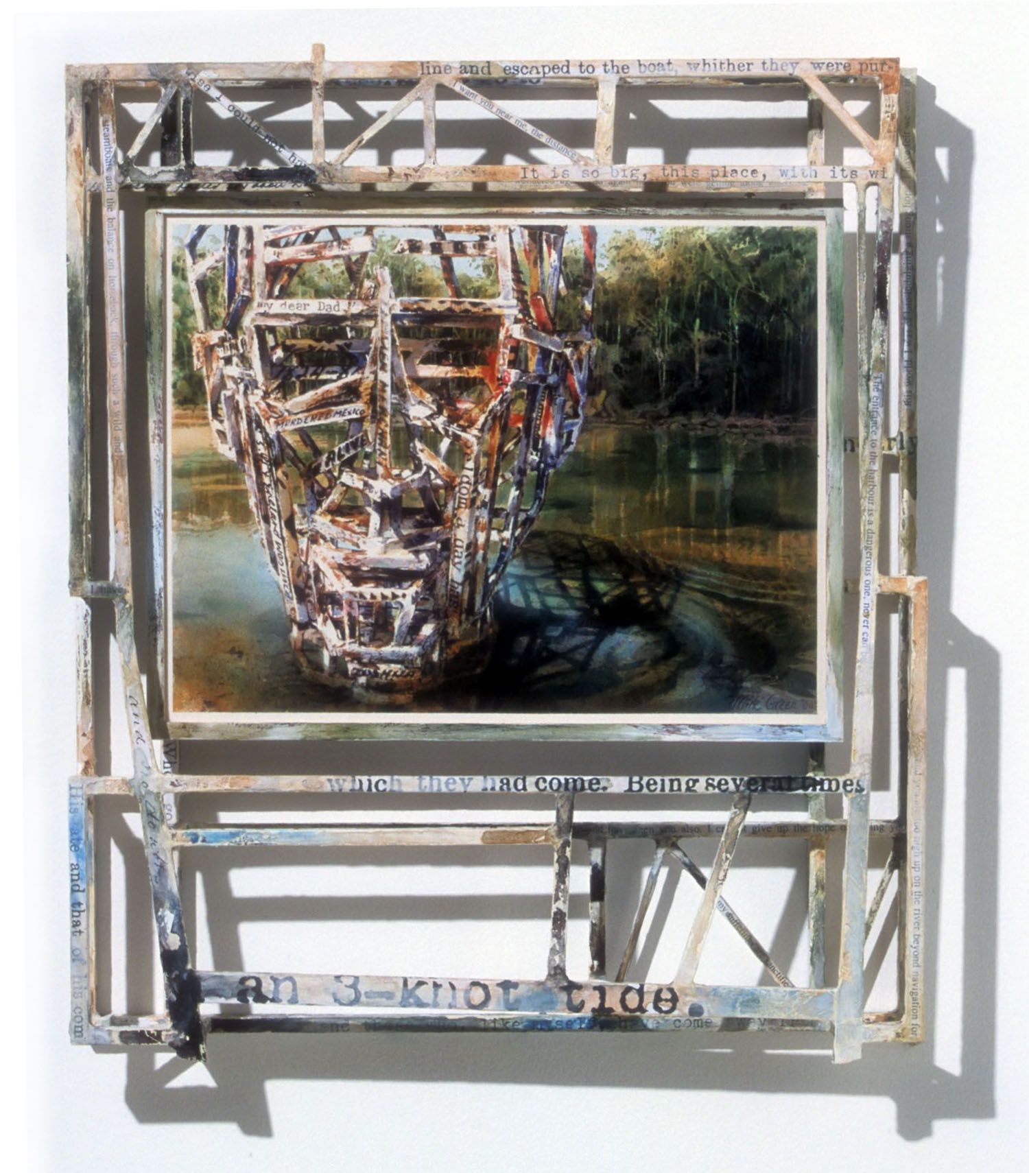 "Tide" 2002. Watercolour with framework of pine & balsa, wrapped with tissue and collage. 67 x 55cm