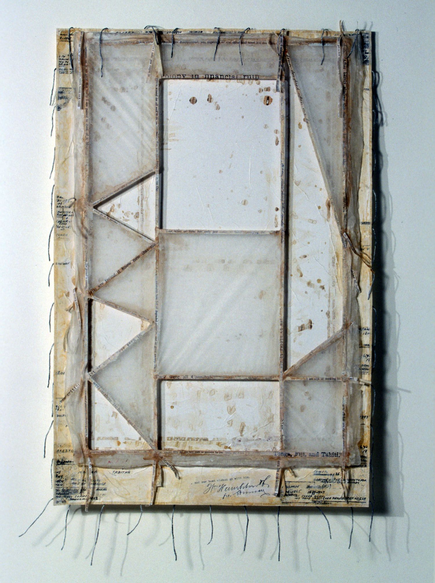 "White" 2001. Watercolour on tissue wrapped balsawood, litho and collage. 140 x 91cm