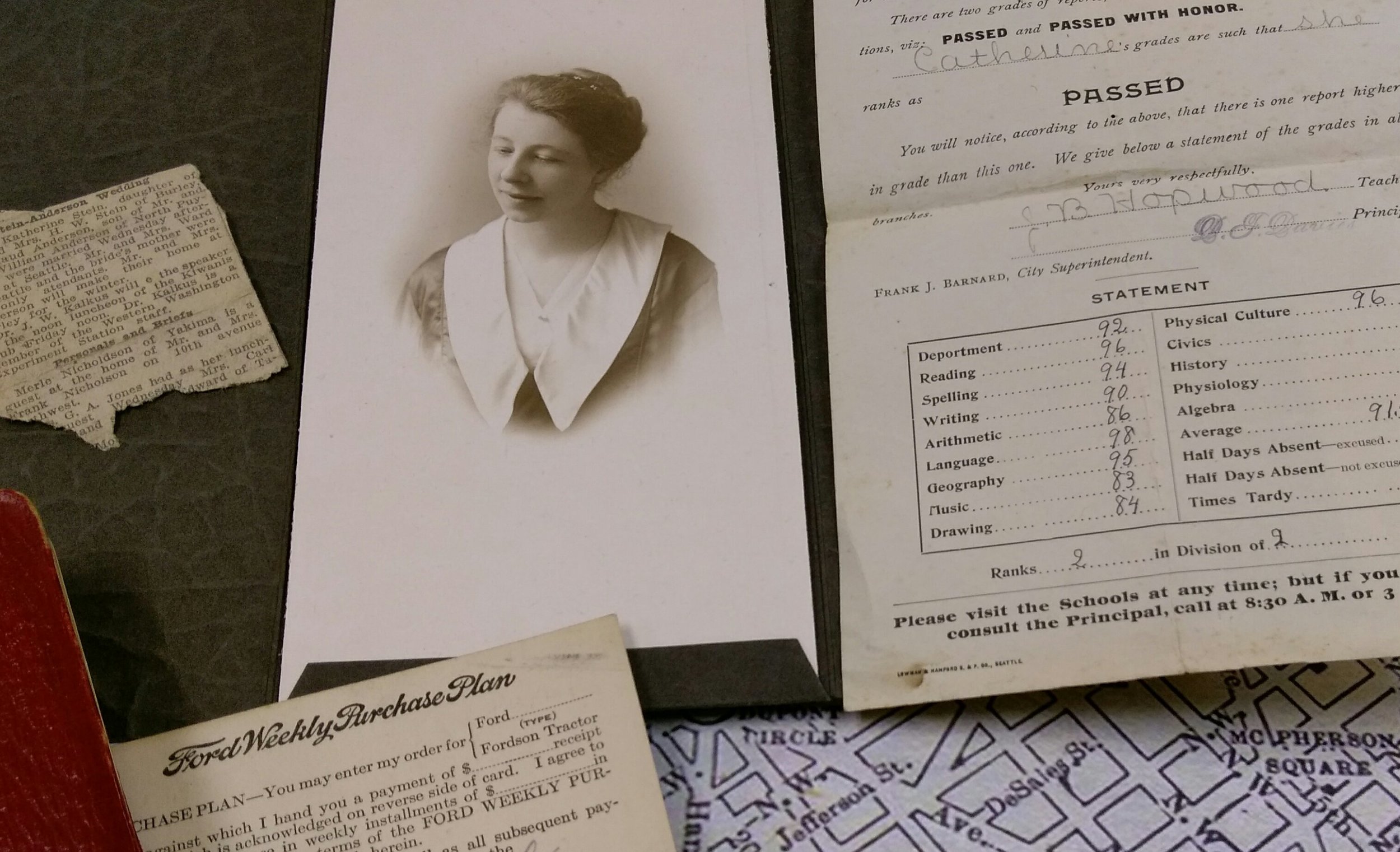 A Line a Day diary (1914-1936), a purchase plan for a Ford pickup ($5 down payment), a map of Washington DC circa 1916, a college photo of Kate, and a report card from when she was about the age of the students I visited with.