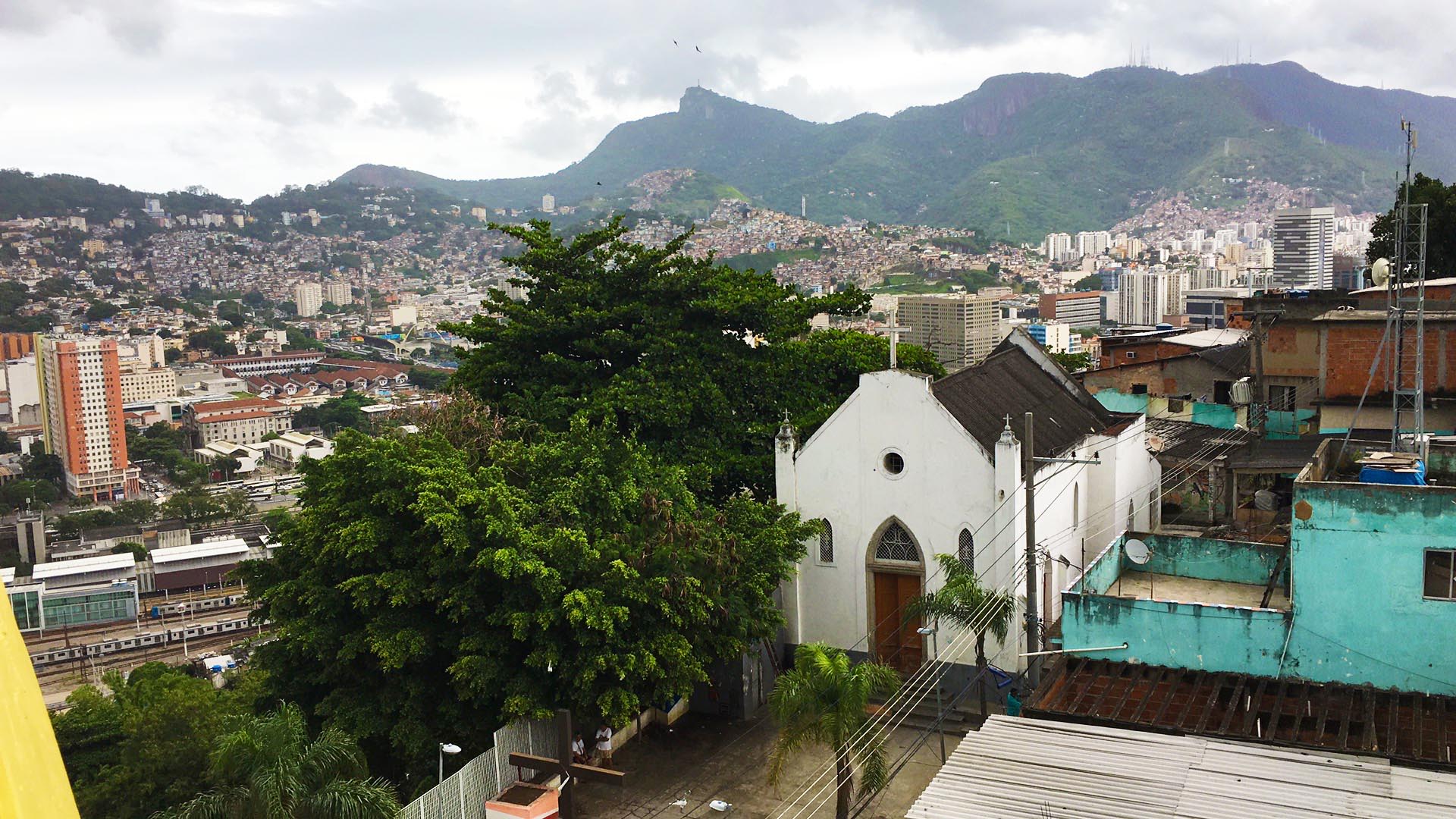 The view from " Casa Amarela" in the favela Providencia, one of the oldest favelas in Rio De Janeiro. The house is a community centre built by french artist JR in 2009.