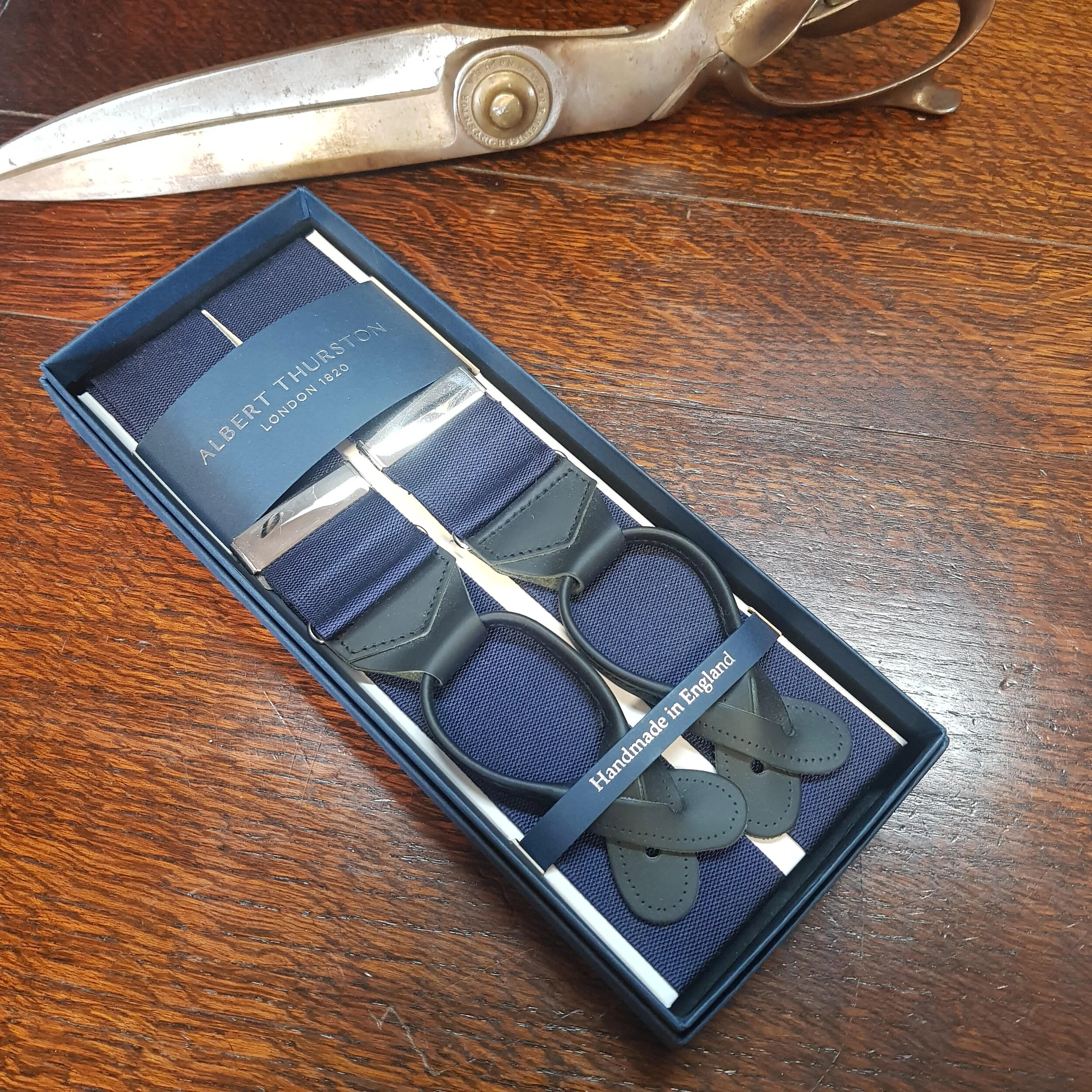 Navy Boxcloth Hand Stitched Leather Buttonhole Braces
