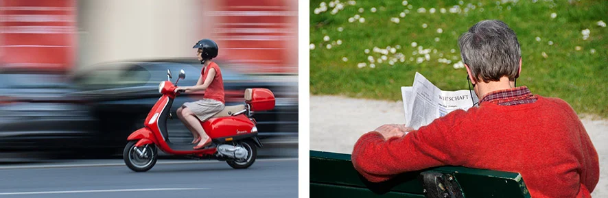 Zwei strassenszenen: Während das linke Bild Dynamik erzeugt, strahlt das rechte Bild Ruhe aus.