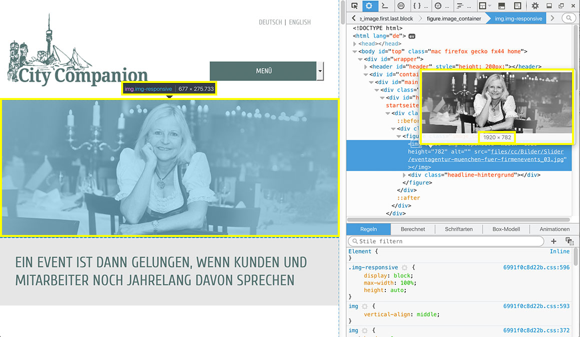 Bild auswählen und rechte Maustaste: In allen Browsern lässt sich die Grösse von Bildern auslesen. Links: Das Bild wird bei diesem Bildschirmausschnitt mit 677 x 275 pixel angezeigt. rechts sieht man, welche Abmessungen das Bild im Original hat. Es wurde mit 1.920 x 872 Pixel hochgeladen. Foto: Simone Naumann.