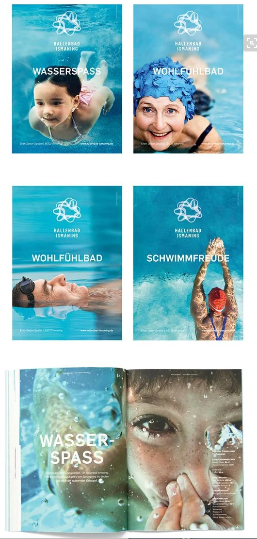 Cleane aber emotionale Bildsprache des Hallenbads Ismaning. Gefunden auf Pinterest. Quelle: Agentur Zeichen und Wunder, München