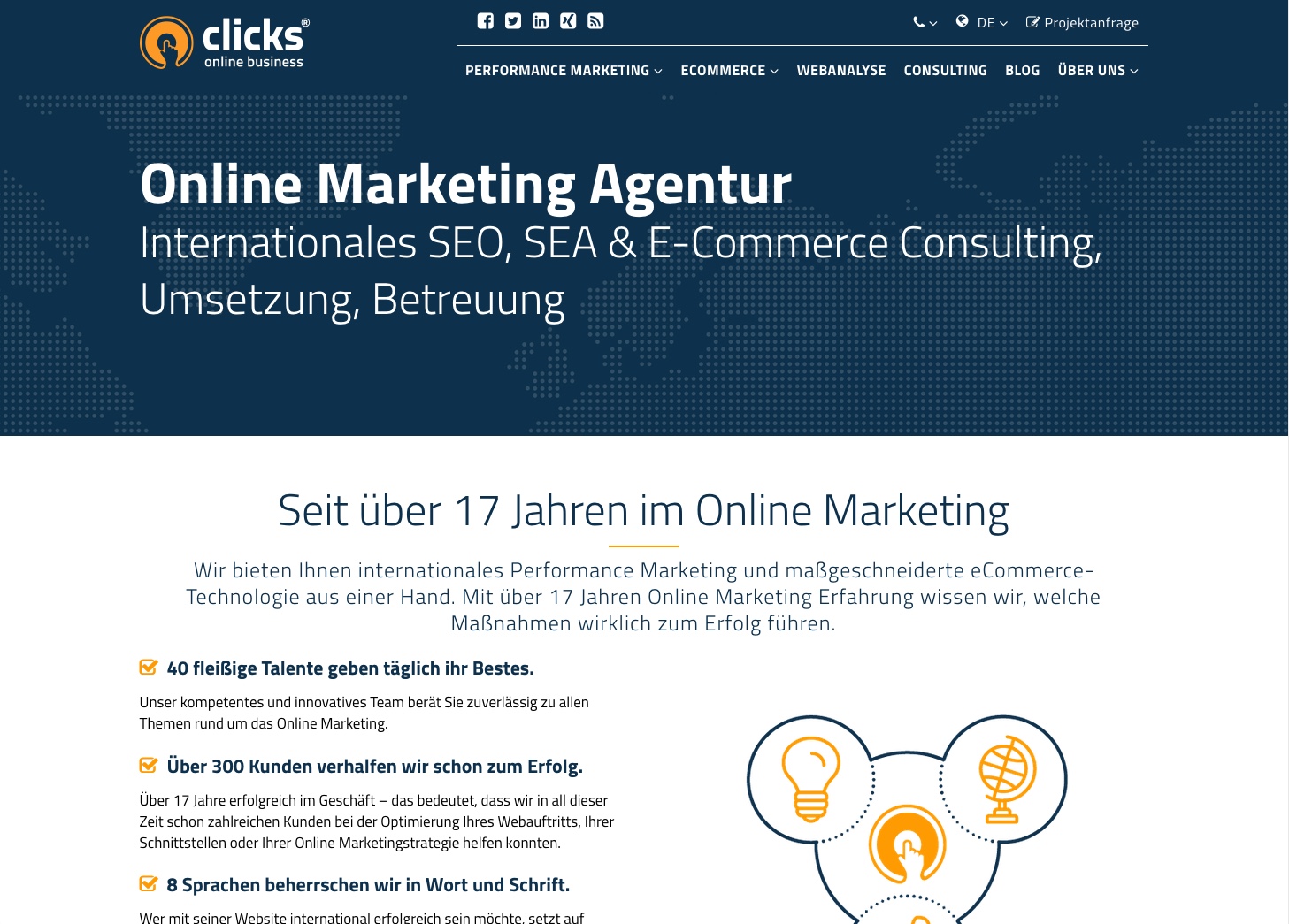 Eine Website ohne fotos - einfache grafiken im Iconstil ergänzen den TExt und verdeutlichen die sachlichkeit des technischen themas. Quelle: https://www.clicks.de