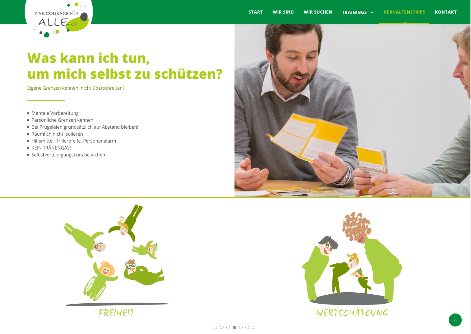 das bildsprachekonzept des vereins ‘zivilcourage für alle’ kombiniert fotos und - für die darstellung der werte - illustrationen. Diese hat Sabine Lemke an den Look des Logos angpasst. Das Projekt war eine wunderbare zusammenarbeit mit Katja Limp (Wordpress), Simone Naumann (Fotos), Sabine Lemke (Illustrationen) und mir (Bildkonzept und Webdesign), Netzwerkpartnerinnen des ehrenamtlichen netzwerks a runde sach . Quelle: https://zivilcourage-fuer-alle.de