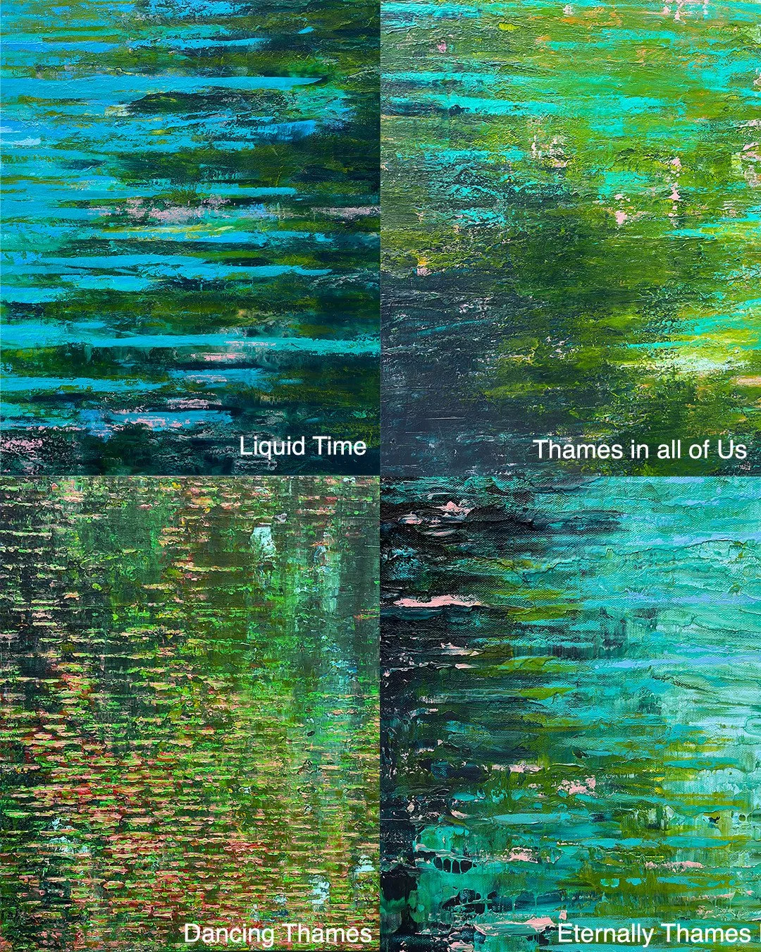 Close ups of four pieces inspired by the flow and energy of our wonderful Thames.  Each piece in this 'Be Still in Flow' series captures a different time of day, a different location but all recognise this body of water as something special.⁠
⁠
Avail