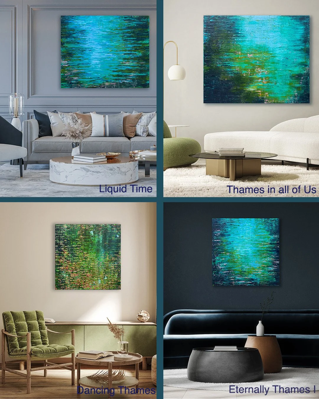 The reveal! These are the four pieces (close ups posted earlier) in their entirety. All inspired by the flow and energy of our wonderful Thames.  Each piece in this 'Be Still in Flow' series captures a different time of day, a different location but 