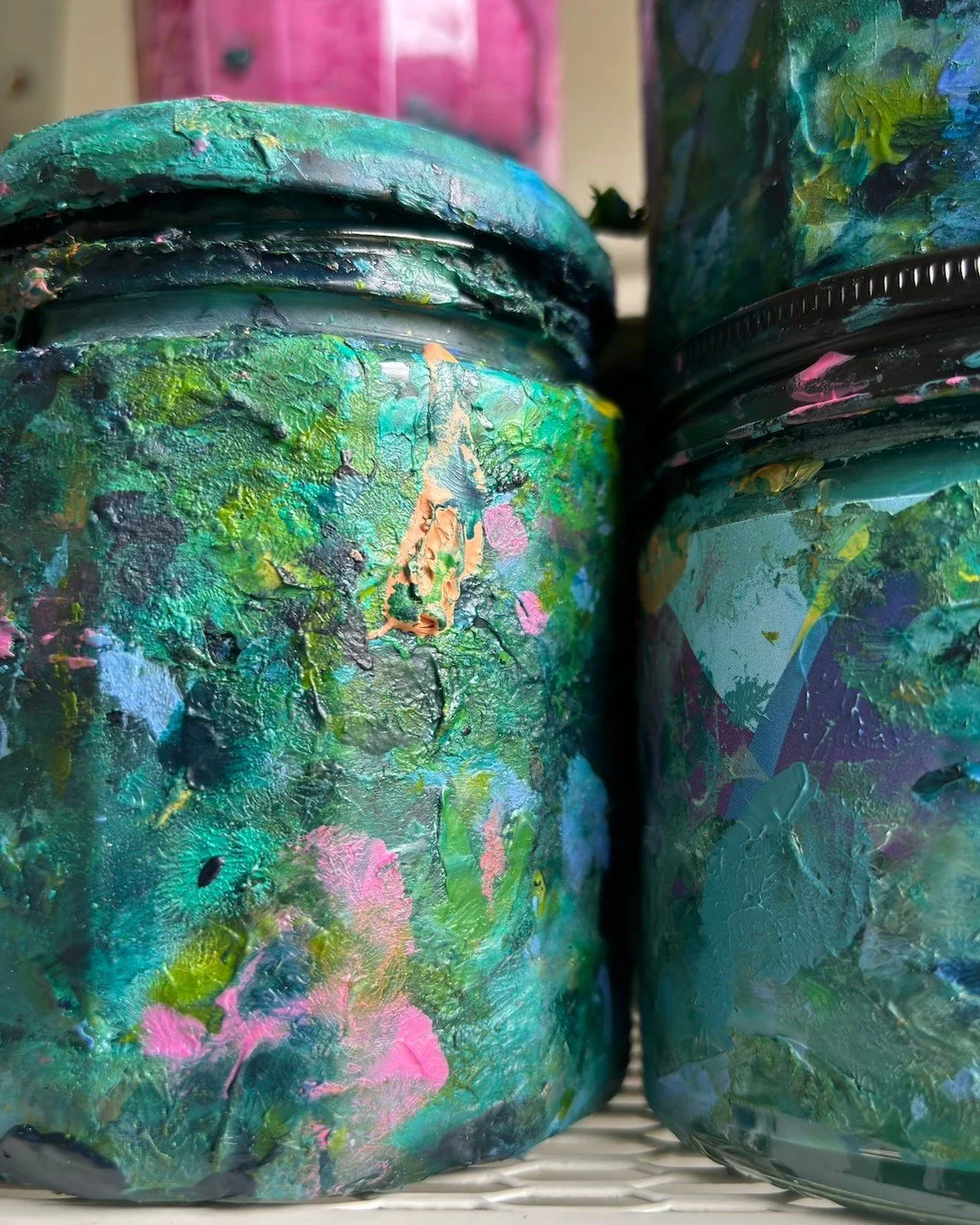 Jars of the day!  I'm so engrossed in the painting sometimes that I forget to notice the lovely residue of using the same jars over and over again!  There must be a life lesson in there somewhere! 🤔