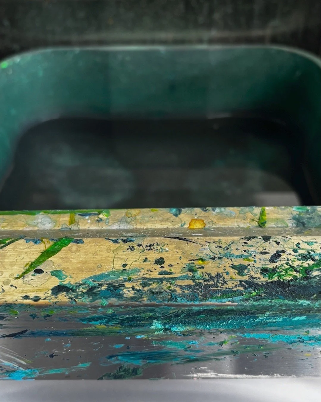 When you work in a studio for years, you don't always notice the paint build up on surfaces, on clothes. In a way, they are a landscape of time. Here is the edge of the sink starting to look like waves on a beach (at a stretch!), in a few years time,