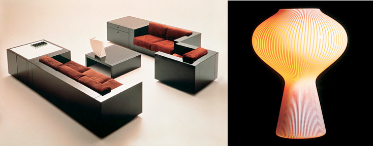 Left: Poltronova Saratoga furniture systems, Right: Lighting designed by Lella and Massimo