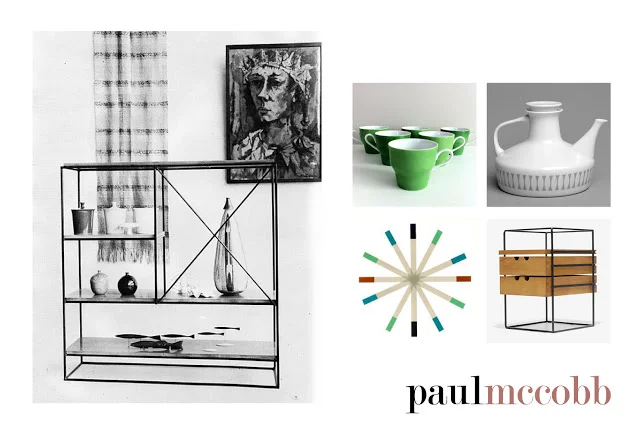 Left: Shelving system designed by Paul McCobb, C 1950's in an original photograph. Right: Various pieces including coffee cups, teapot, tiles and office desk organiser