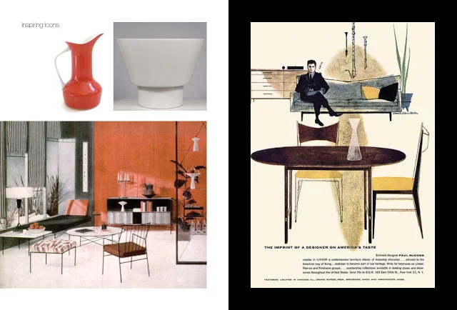 Left: Pitcher in ceramic, planter and room setting all designed by Paul McCobb, Right: Another Advert promoting Paul Mc Cobb Designs, C 1950's