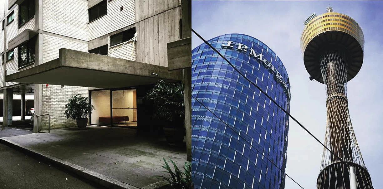 Left: Marcus's old apartment building designed by Harry Seidler, Right: Sydney buildings including Sydney Tower, 1981, Photography: Marcus Hay for SMH, Inc