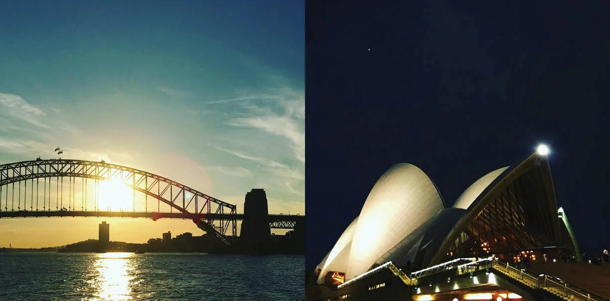 The harbor from The Manly Ferry, Left: Sydney Harbour Bridge, Right: The Sydney Opera House, designed by Jorn Utzon, 1973, Photography: Marcus Hay for SMH, Inc