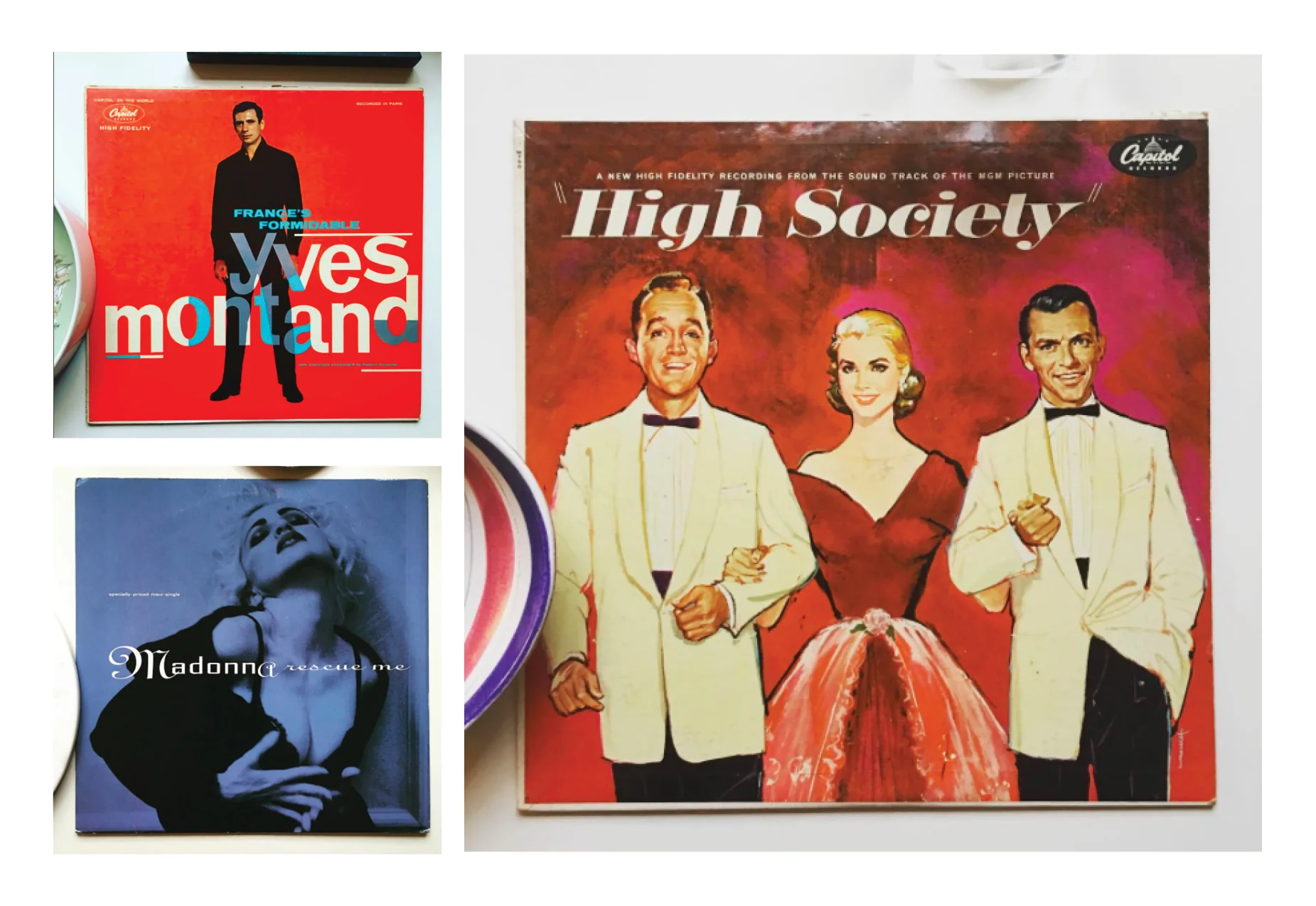 Clockwise: Yves Montand, High Society and Madonna 