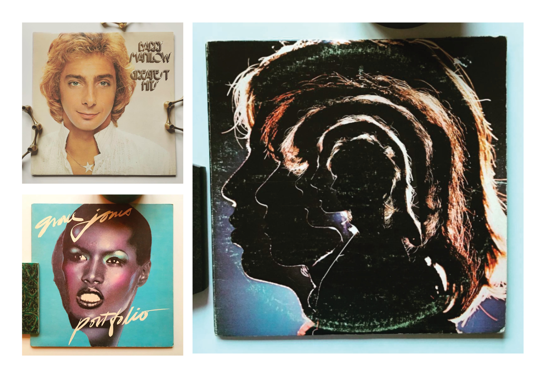 Clockwise: Barry Manilow, Grace Jones and The Rolling Stones 