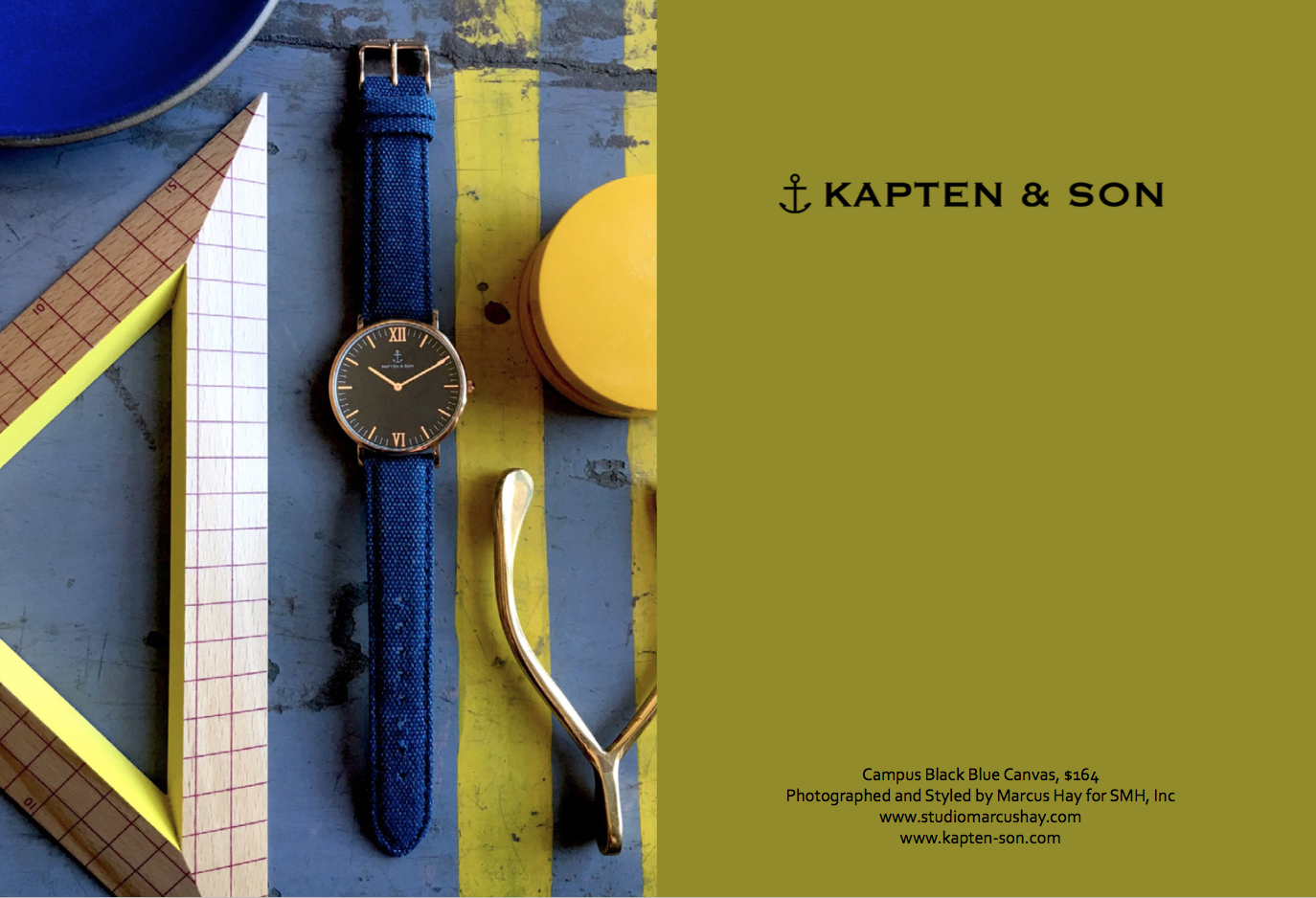 Photography & Styling: Marcus for SMH, Inc, Check out Kapten & Son watches here. Inspiration for the styling of this shot came from the practical no fuss nature of this blue canvas strap. Surrounded by scholarly items, it screams varsity blue. 
