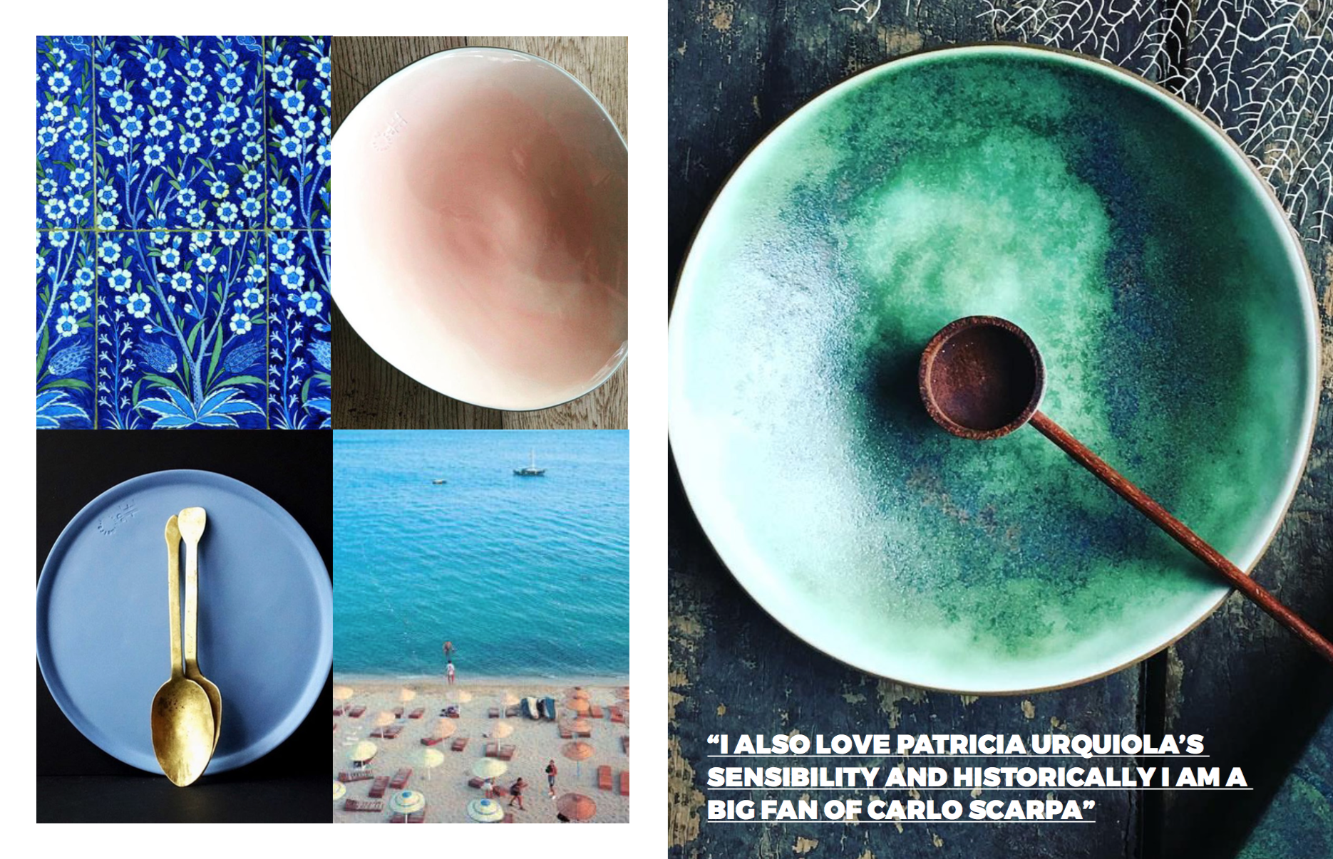 Left: Clockwise: Turkish tiles, Assos Large plate in pink, Limoge plate in Wedgewood blue, The beach in Ayvalik Right: Moon mini plate in green, Images courtesy of Santimetre Studio and Marcus Hay for SMH, Inc.