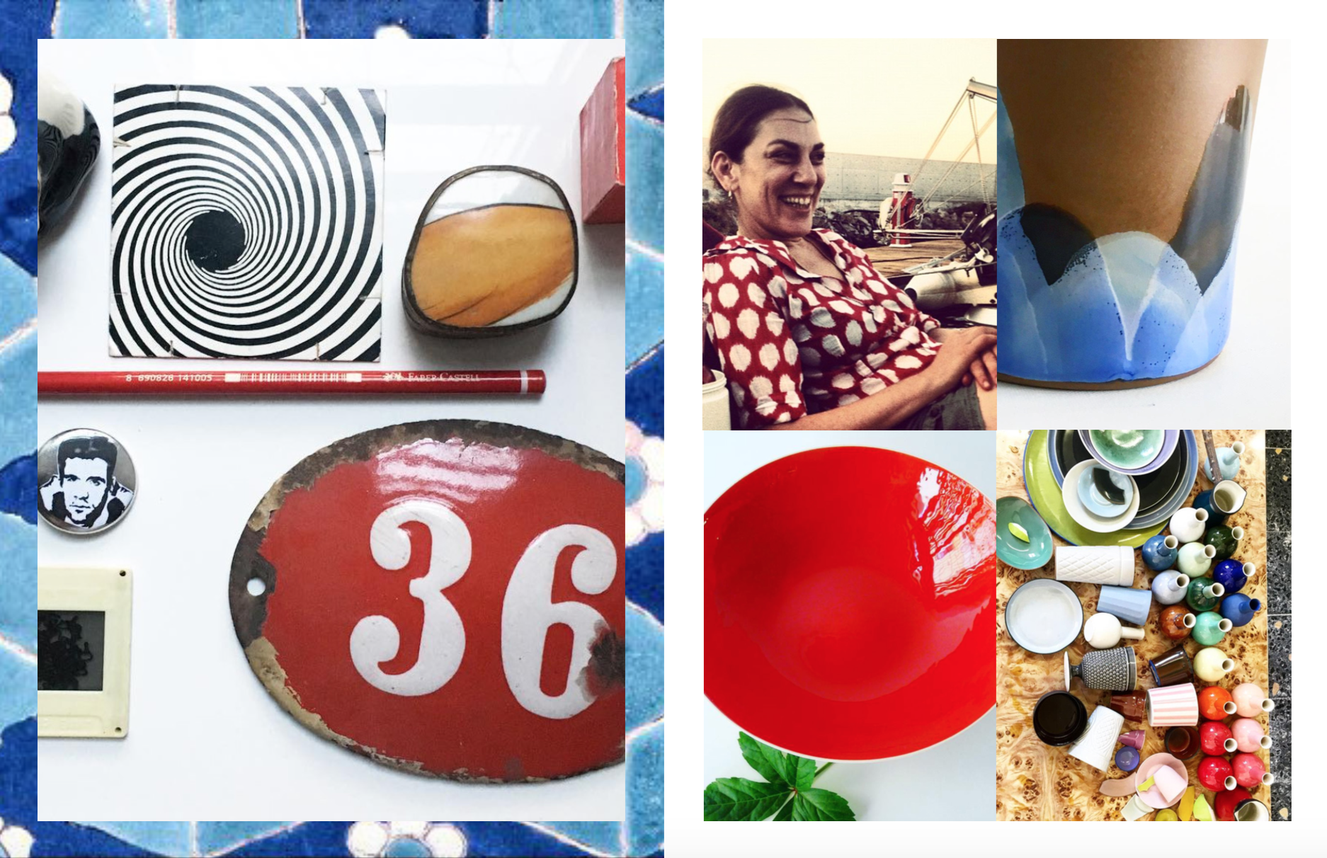 Left: Tulya creates these amazing still lives of her personal history as seen here, Right: Clockwise: Tulya Madra, First prototypes in Mountain series, Jumbo low bowl in spanish red and Fall/ Winter 17 colors on display, Images courtesy of Santimetre Studio