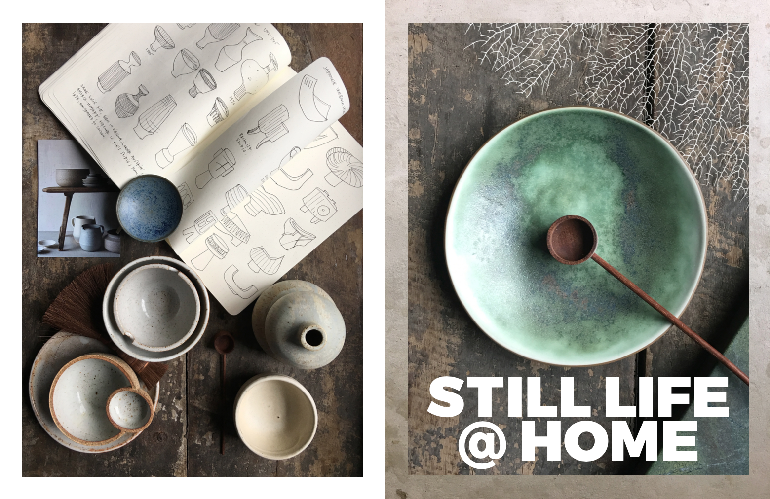 Left: My collection of neutral ceramics, largely sourced from General Store in San Francisco, My sketchbook with inspirations, Right: A beautiful dish given to me by Santimetre Studio . Photography: Marcus Hay for SMH, Inc 