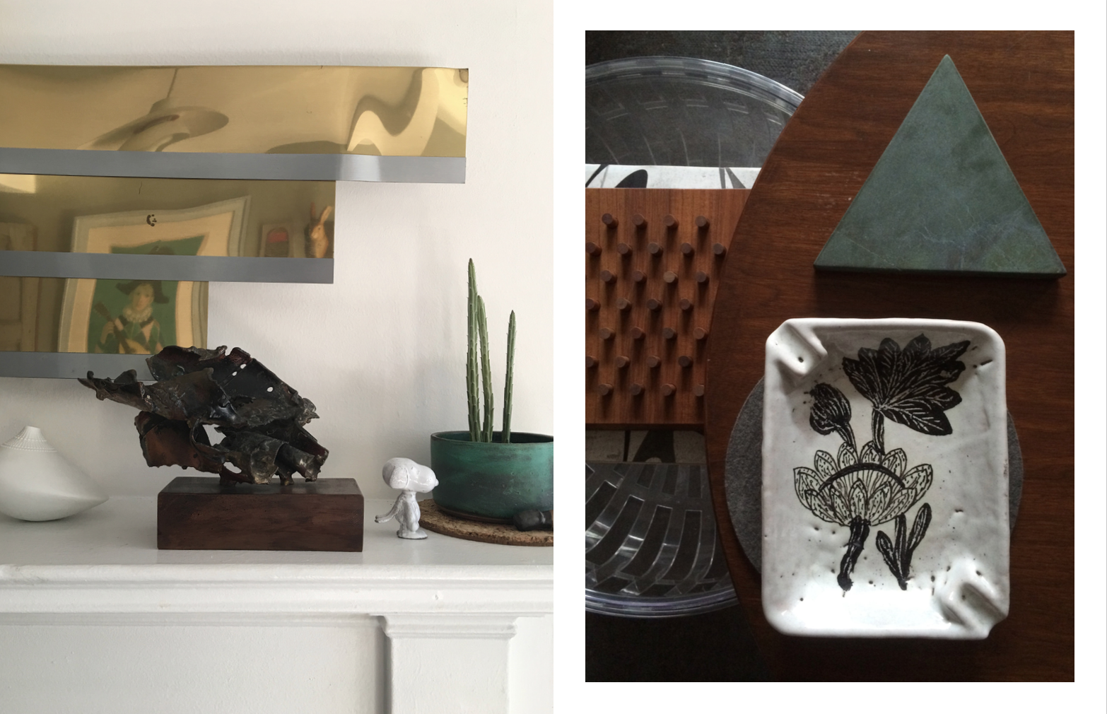 Left: A Curtis Jere Sculpture, sits with Snoopy from Astier de Villatte , A vase by Tapio Wirkkala and a Brutalist sculpture supplied by the kind folks at Stuff Photography: Marcus Hay for SMH, Inc 