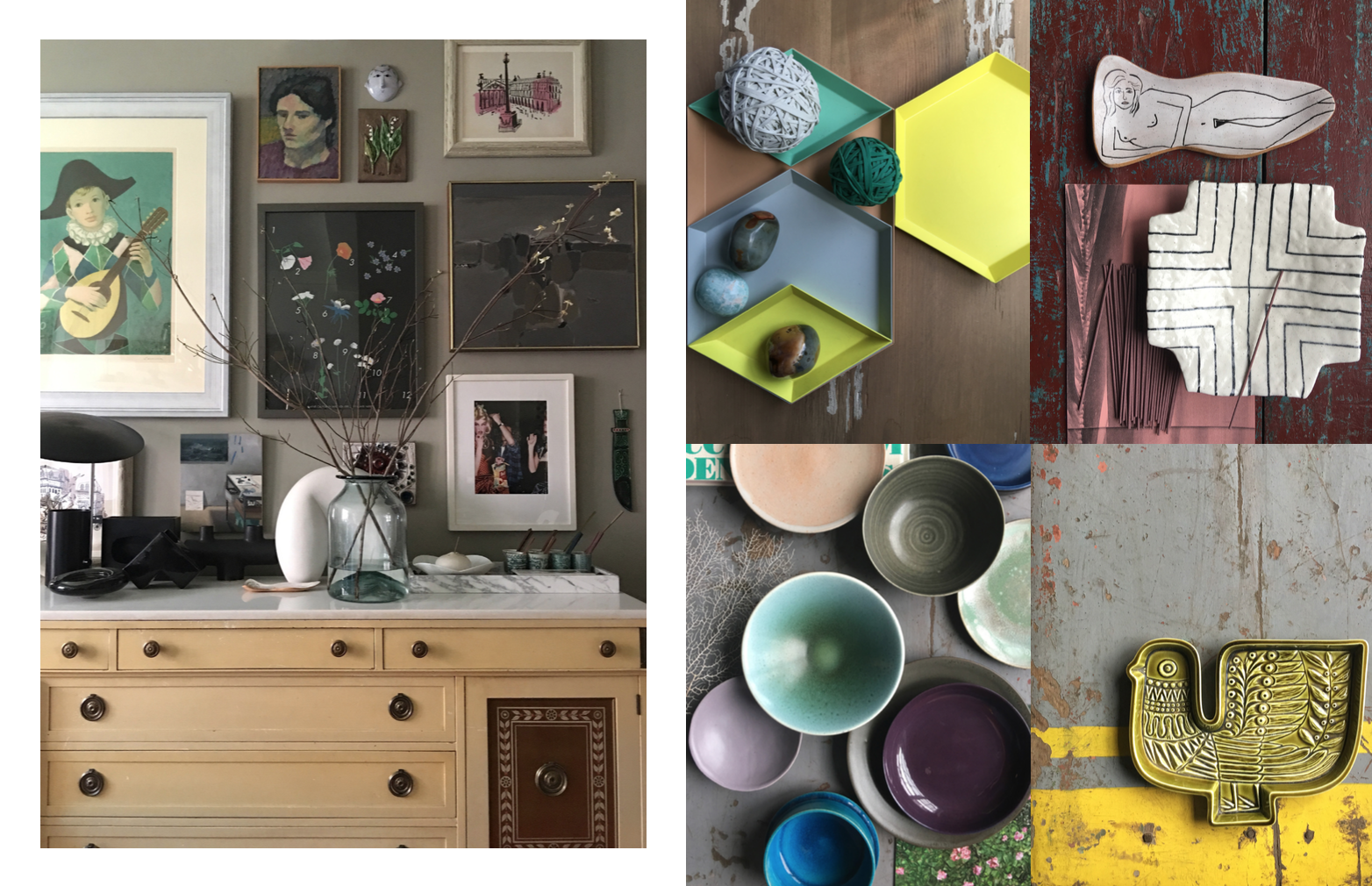 Left: My living room with a gallery of my framed artwork, Right: Detail images: Hay Copenhagen trays with random objects, Ceramic objects including bowls by Christiane Perrochon , A vintage bird platter by Poole Pottery Photography: Marcus Hay for SMH, Inc