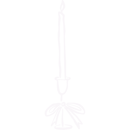 A white line drawing of a candle with a flame above a small decorative object, hanging from a string or hook.