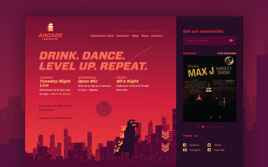 This initial website design which is far slicker was ultimately shelved. The whole project moved so quickly there was never time to do the fully custom Wordpress build I had in mind. Utilizing Squarespace allowed us to launch quickly and adjust frequently. In the end those insights will drive a new version of this website which is likely to aggregate events from Facebook into Wordpress.