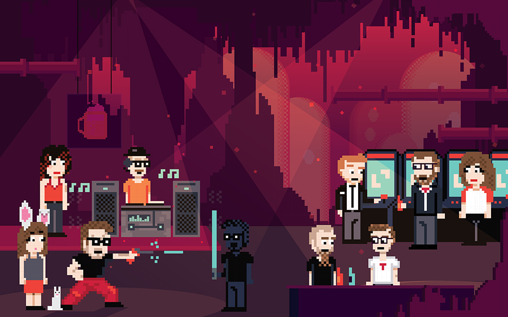 Wall of Hero's – As a kickstarter reward we offered to immortalize backers as 8-bit avatars on our Wall of Hero's Mural inside Chameleon Club. Also featured some of the "legendary" bartenders.