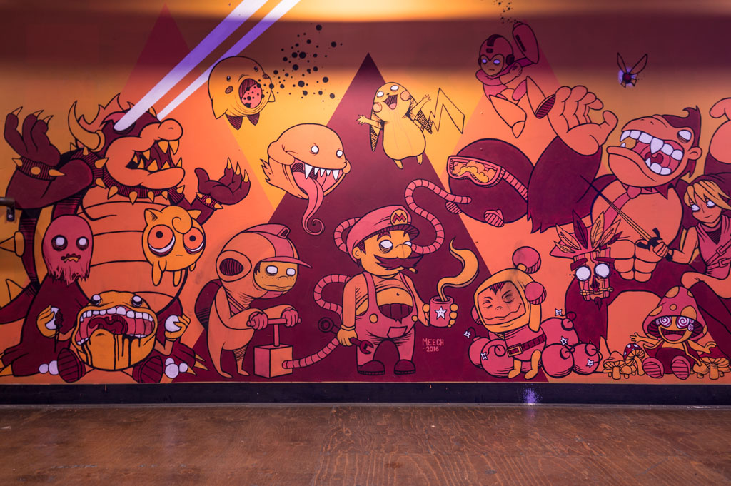 Here's that slick mural by Mike (Meech) Ford . You can see some of it in progress above. Stellar work that ended up being one of my favorite parts of the renovation.