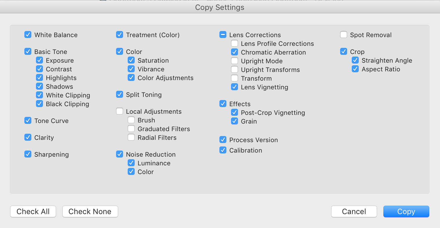 These are the settings I copy for this process. If you're only messing with color correction, you can also hit "check all" and you'll be fine! 