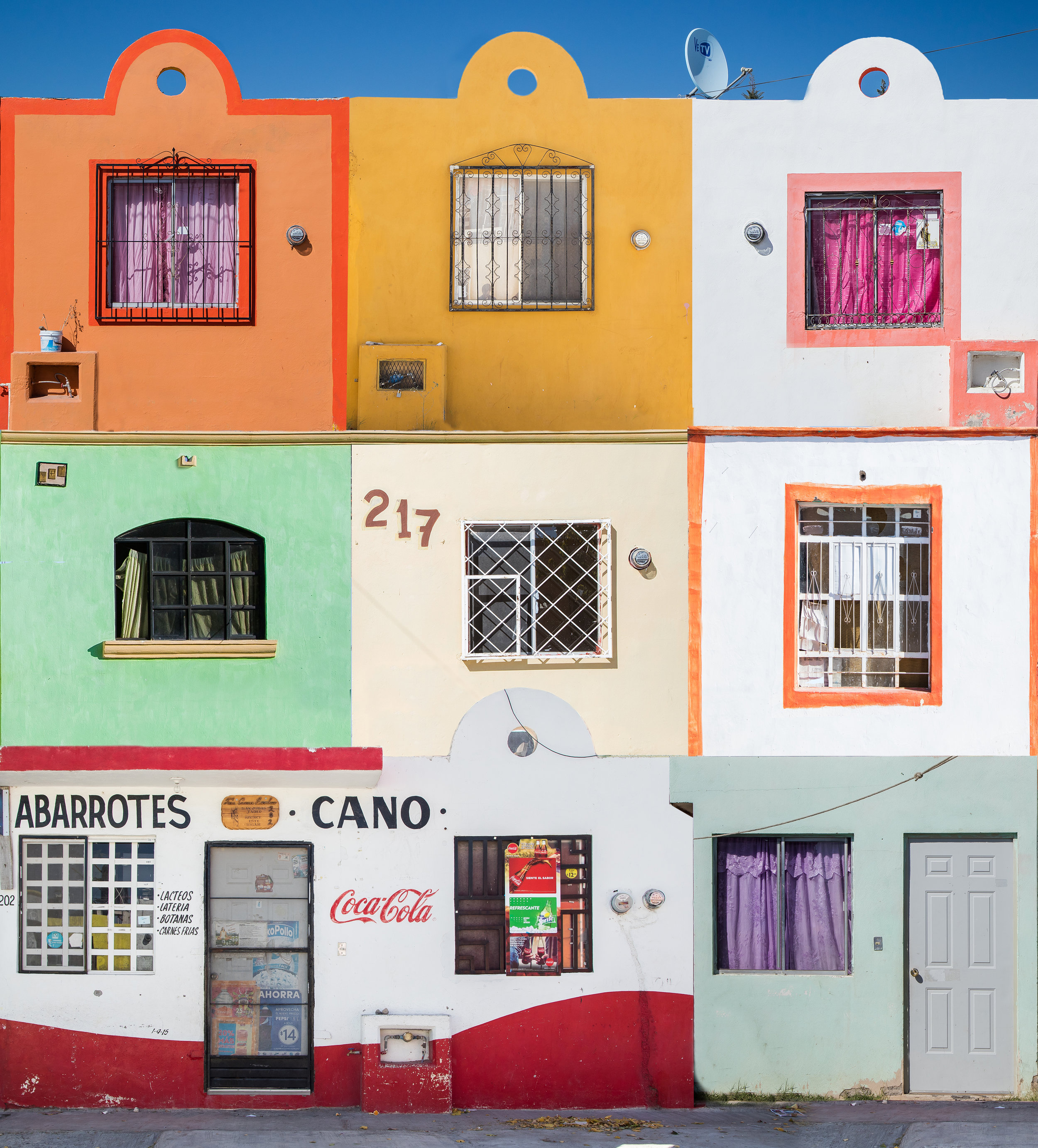 A collage of my favorite tiny stucco homes and shops seen in Parras de la Fuente, Mexico. This is 9 images stitched together with Photoshop in an attempt to resemble one cohesive structure.