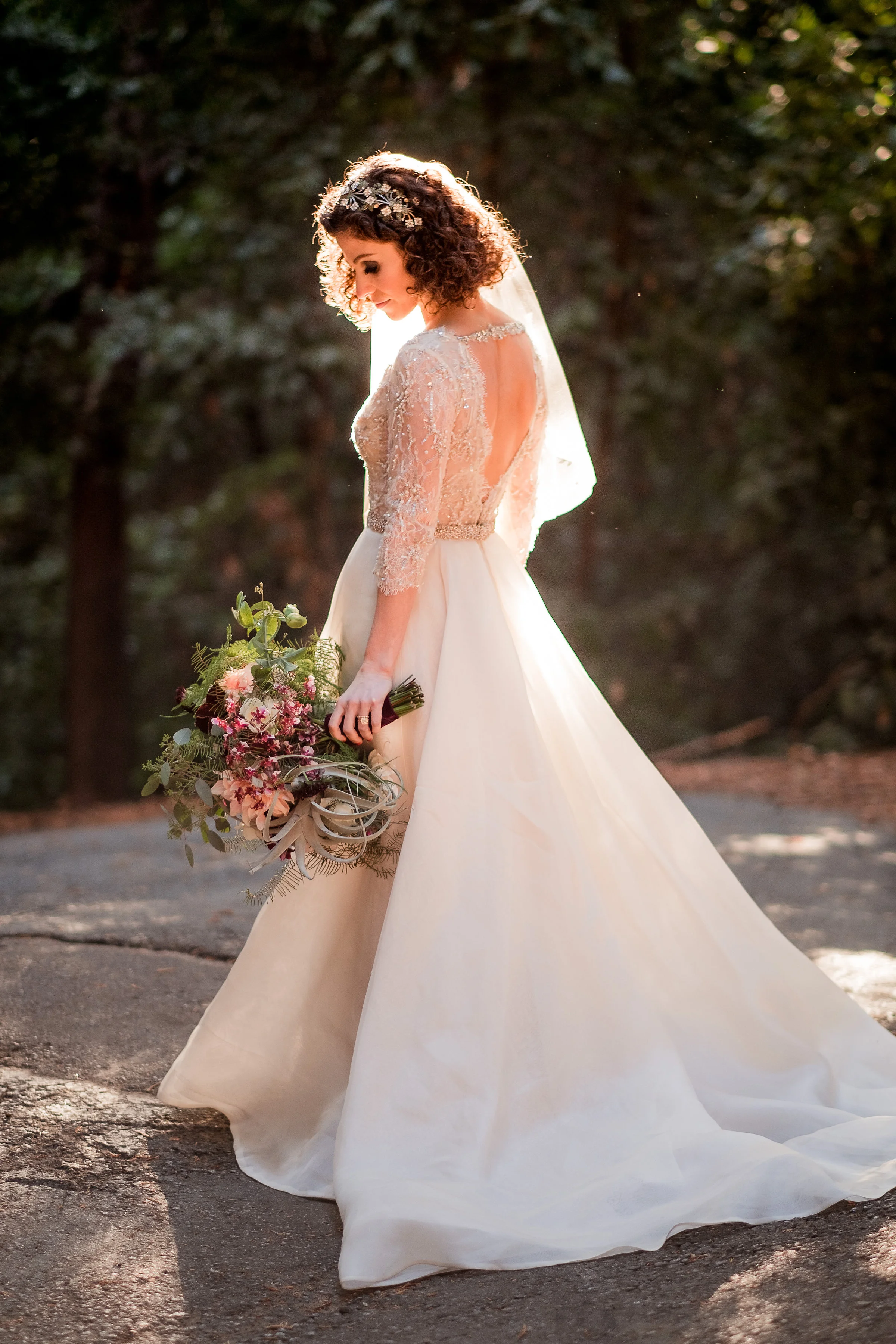 Magical Woodland California Wedding Venue, Sequoia Retreat Center, Art & Soul Events, Nordica Photography, Bride with a hairpiece Air Plant bouquet & flowers, Monique Lhuillier & Claire Pettibone Veil