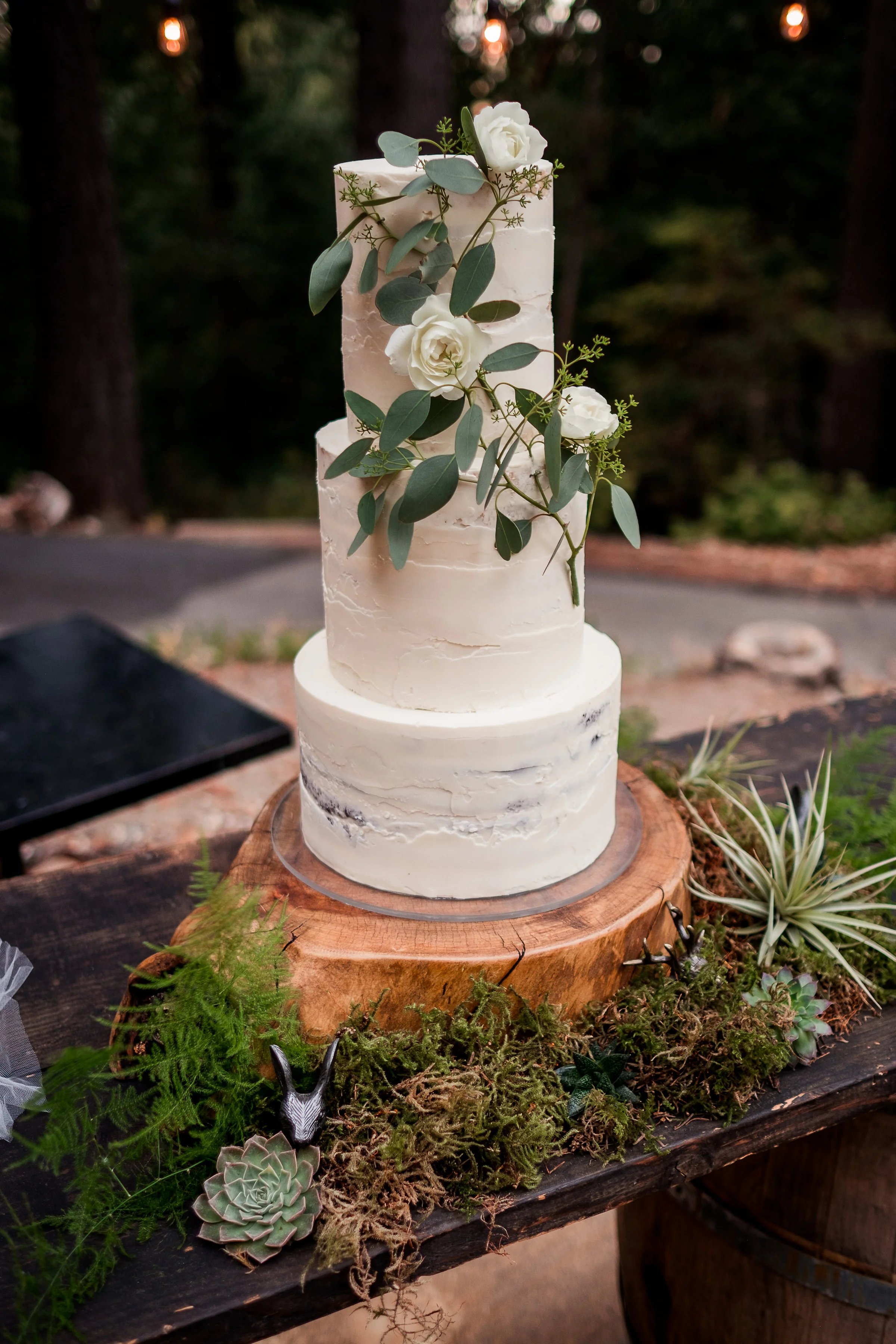 Magical Woodland California Wedding Venue, Sequoia Retreat Center, Art & Soul Events, Nordica Photography, White Jasmine Rae cake with eucalyptus, succulents, moss, & Air Plants