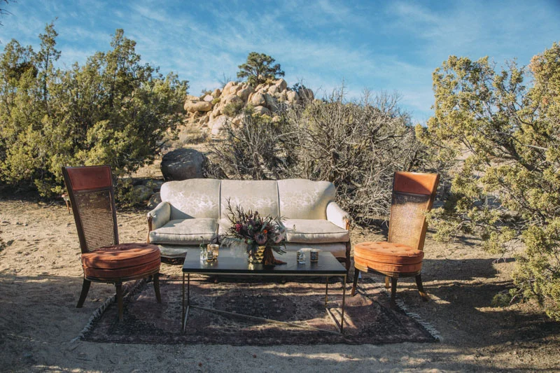 Talawahee Ranch Wedding, Joshua Tree Wedding Venue, Desert Glam Thrifted Sister Vintage Lounge, Yucca Valley Desert Wedding, Planning and Design: Art & Soul Events LGBTQ Wedding Planner