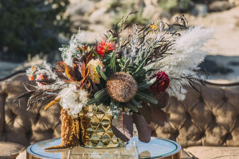 Talawahee Ranch Wedding, Joshua Tree Wedding Venue, Two Brides, Fall Desert Wedding Flowers, King Protea, Yucca Valley Desert Wedding, Planning and Design: Art & Soul Events LGBTQ Wedding Planner