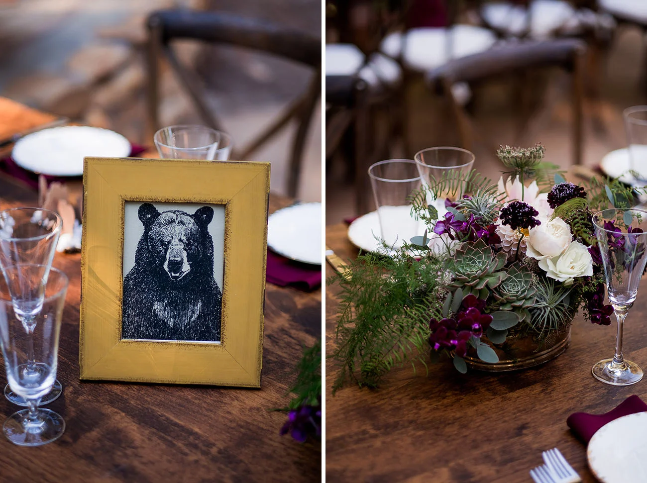 Romantic Woodland California Wedding Venue, Sequoia Retreat Center, Art & Soul Events, Nordica Photography, outdoor wedding reception, burgundy napkin cross back chairs