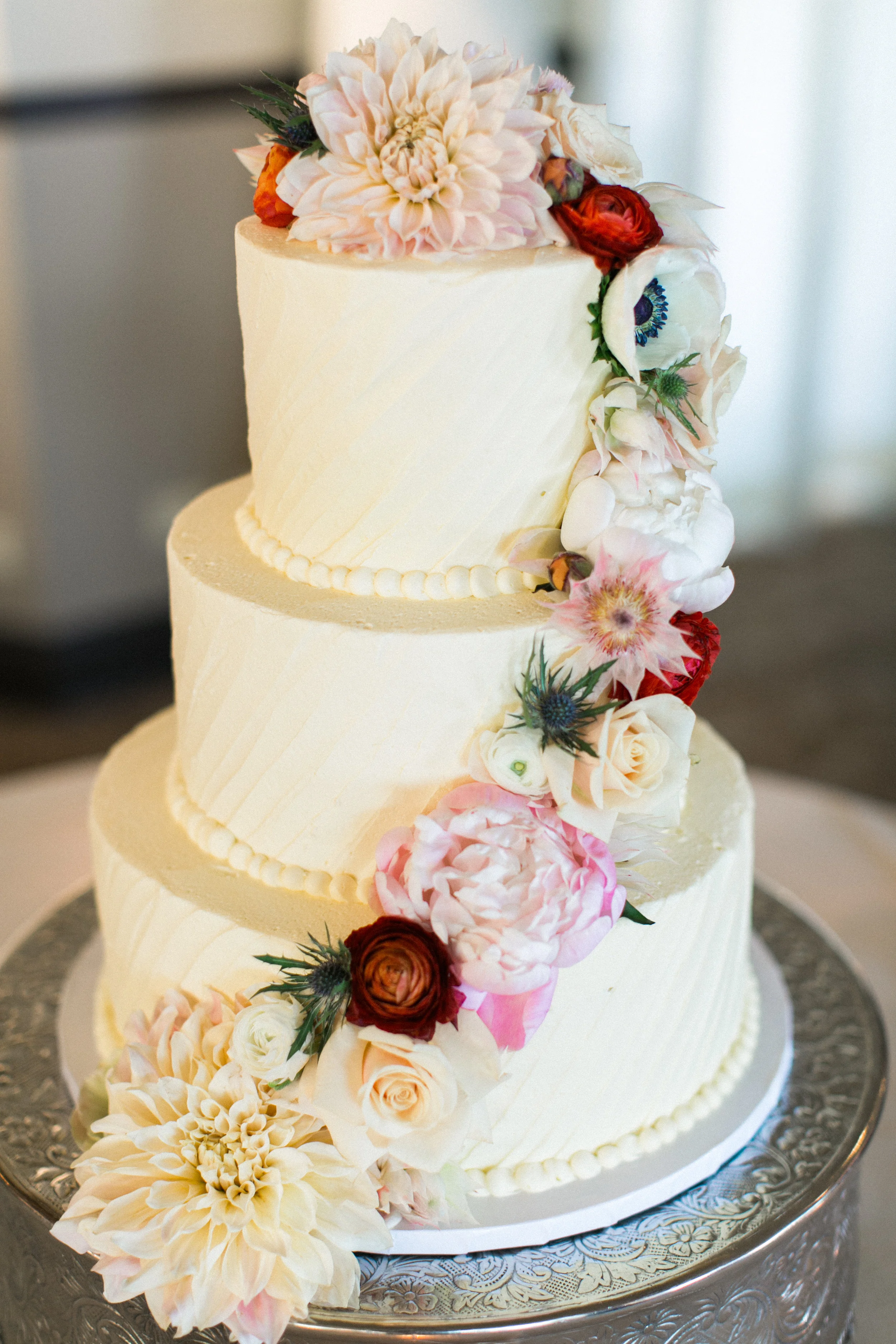 3 Tier Vegan Cake, cascading flowers, blushing bride protea, anemone, Dahlias, ranunculus, Bel Air Bay Club, Art & Soul Events, Bright & Bold Tropical Beach Wedding