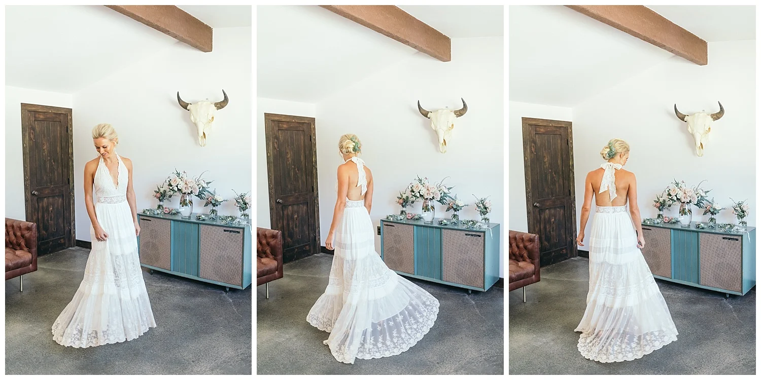 Angelica Halter Gown, Spell & The Gypsy Bride, Beautiful Boho bride, Rimrock Ranch Desert Wedding Venue, Pioneertown, California, Art & Soul Events, Kiel Rucker Photography