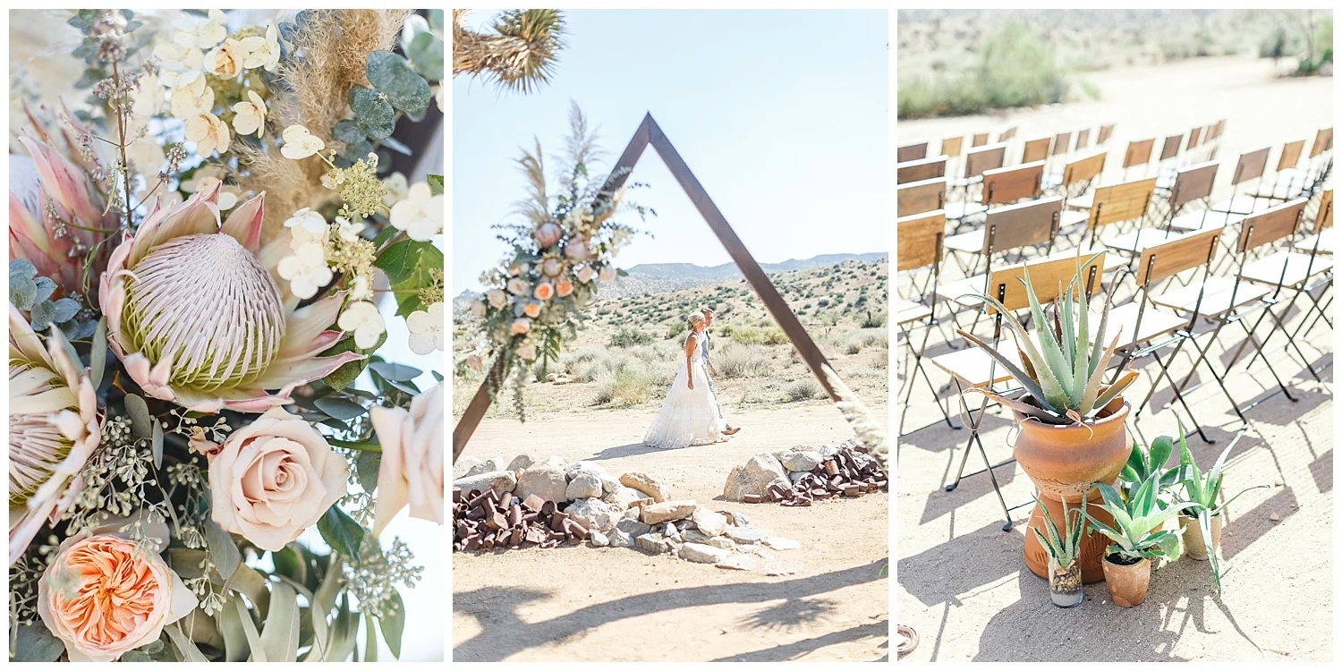Bohemian Wedding, Triangle Ceremony Arch, King Protea, Rimrock Ranch Desert Wedding Venue, Pioneertown, California, Art & Soul Events, Kiel Rucker Photography, Bloom Babes
