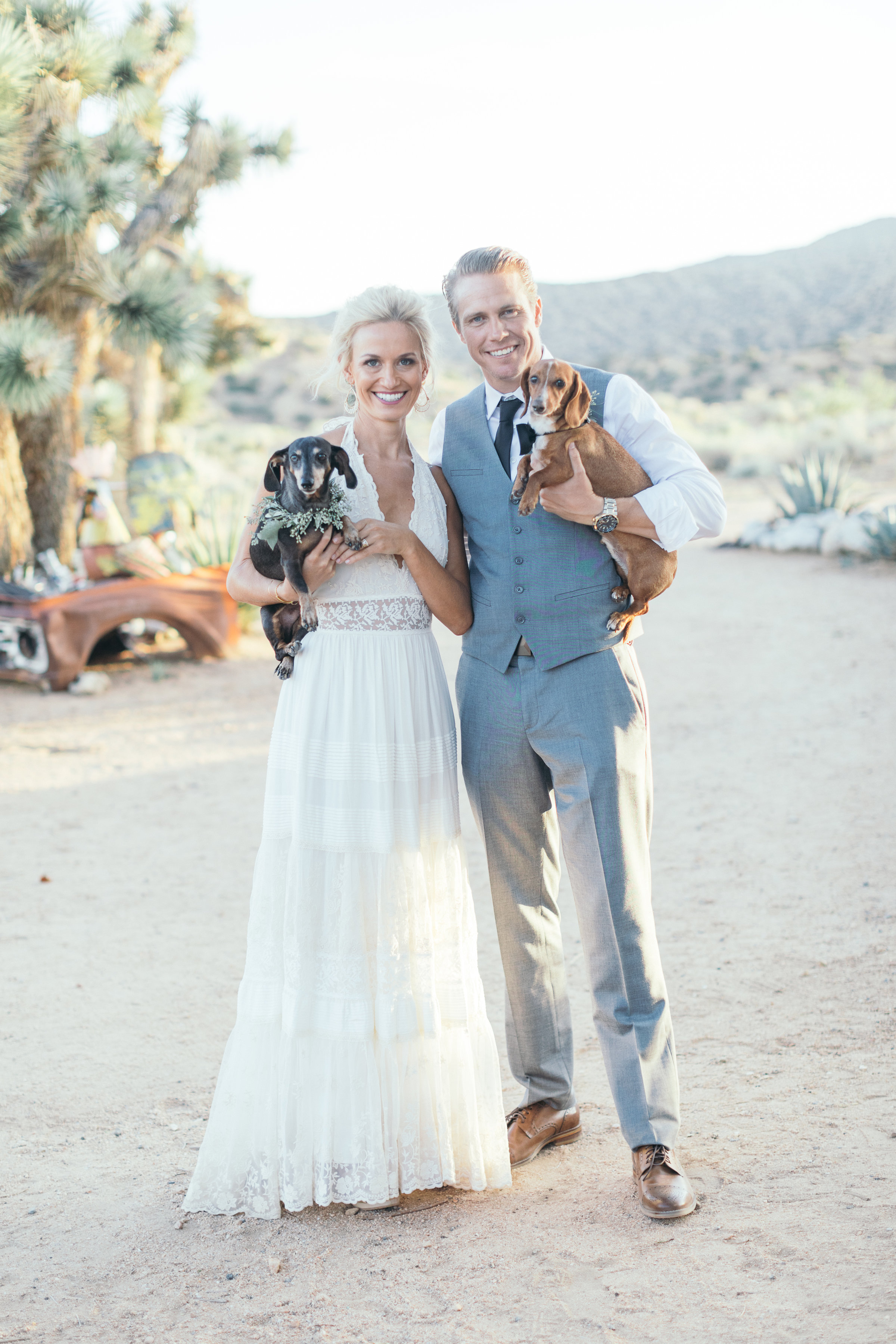 Boho Bride in Angelica Halter Gown, Dachshund dogs, Rimrock Ranch Desert Wedding Venue, Pioneertown, California, Art & Soul Events, Kiel Rucker Photography